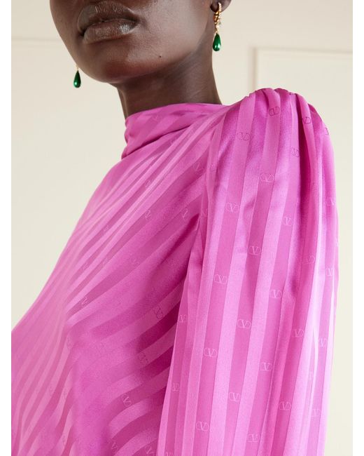 Valentino Garavani Pink Logo-Jacquard Belted Striped Silk-Satin Midi Dress