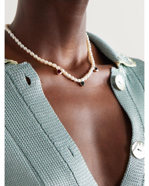 Alison Lou Natural So Much Love Kette Mit Perlen, Mehreren Synthetischen Steinen Und Details Aus 14 Karat