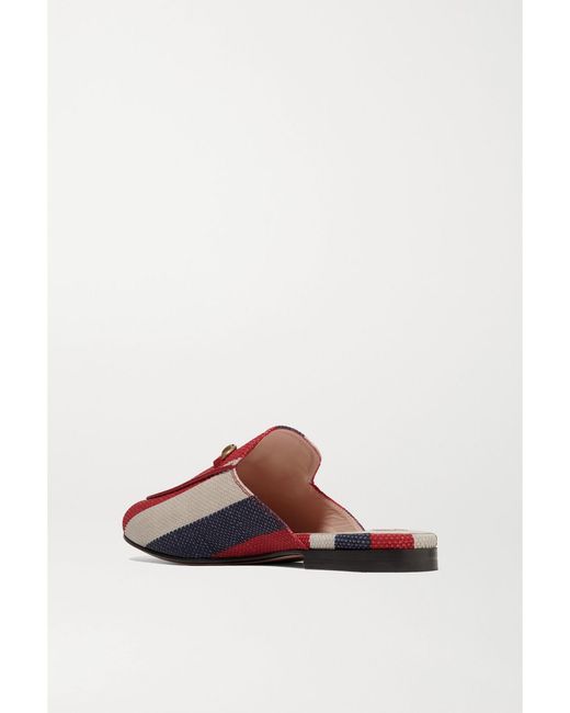 Gucci Red Princetown Horsebit-Detailed Striped Canvas Slippers