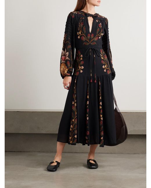 FARM Rio Berry Garden Belted Floral-Print Crepe De Chine Midi Dress in  Black | Lyst