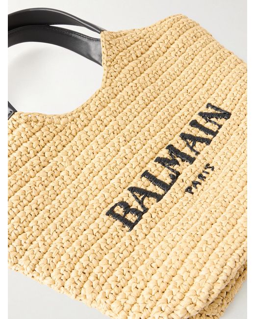 Balmain Natural Cabas Mini Leather-Trimmed Raffia Shoulder Bag