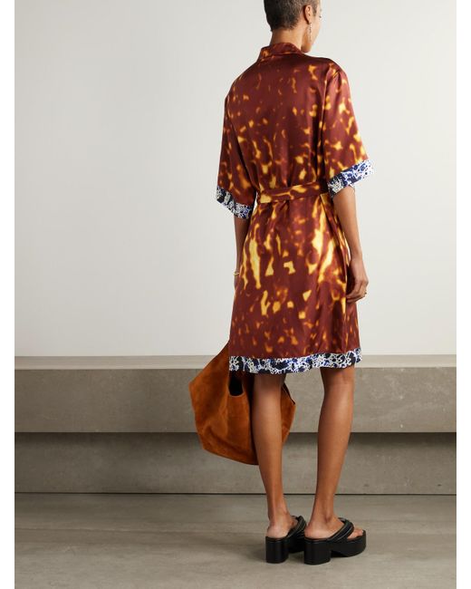 Dries Van Noten Red Mini-Hemdblusenkleid Aus Bedrucktem Seiden-Twill Mit Bindegürtel