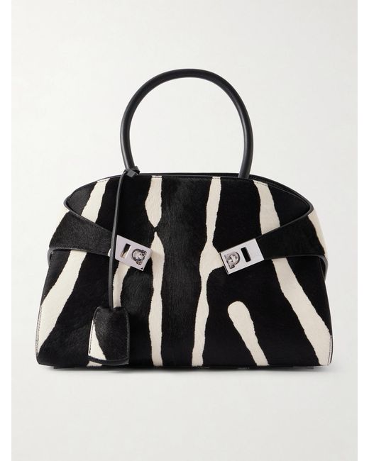 Ferragamo Black Hug Small Zebra-Print Calf Hair Tote