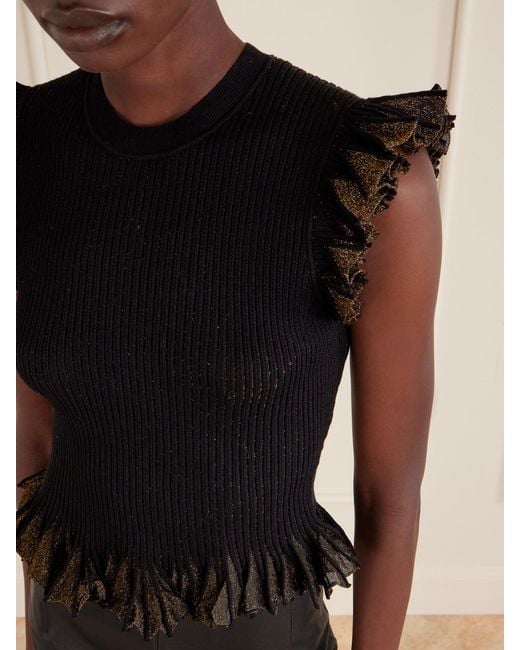 Ulla Johnson Leila Ruffled Ribbed Metallic-Knit Top in Black | Lyst