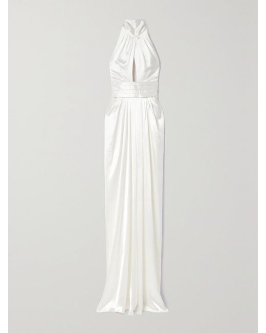 Naeem Khan White Magnolia Pleated Silk-Charmeuse Halterneck Gown