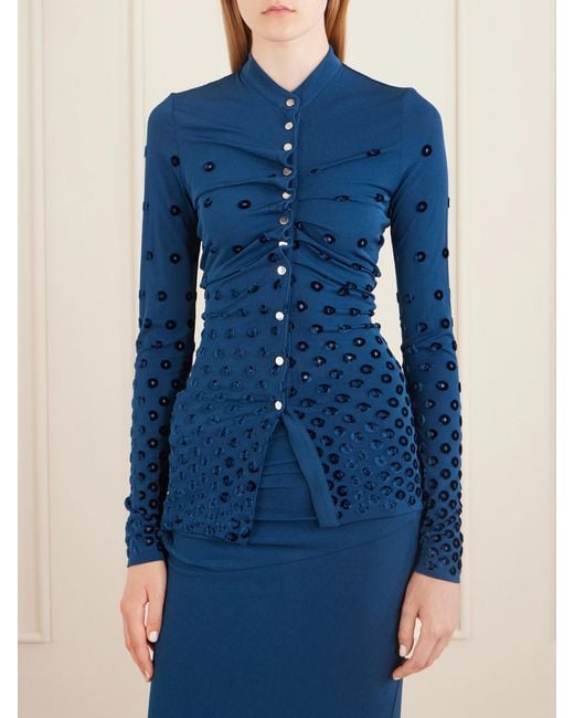 Rabanne Blue Gathered Flocked Jersey Blouse
