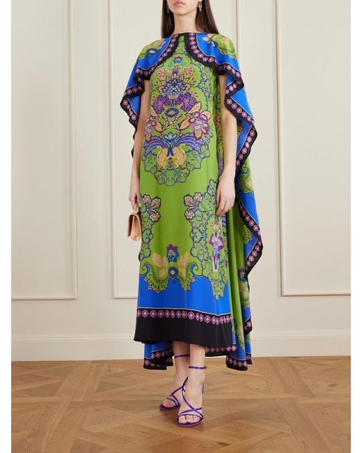 LaDoubleJ Blue Magic Cape-Effect Printed Silk Crepe De Chine Maxi Dress