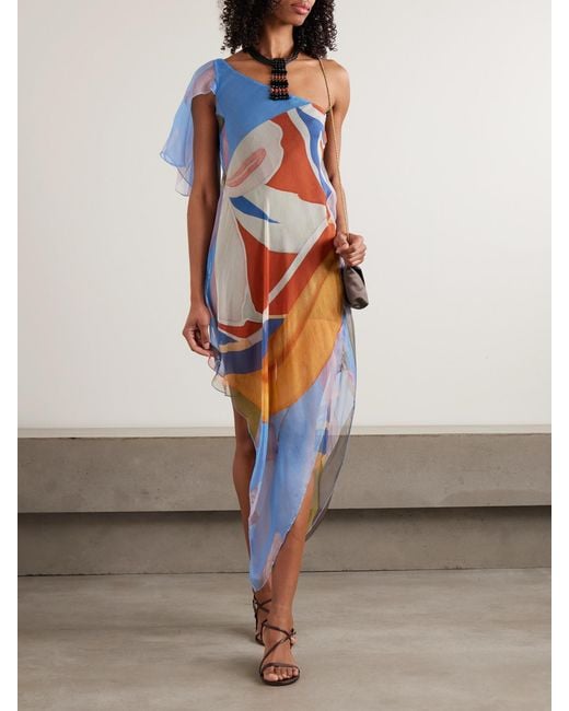 Donde Esteban Blue Palenque Flores One-Shoulder Asymmetric Printed Silk-Chiffon Mini Dress