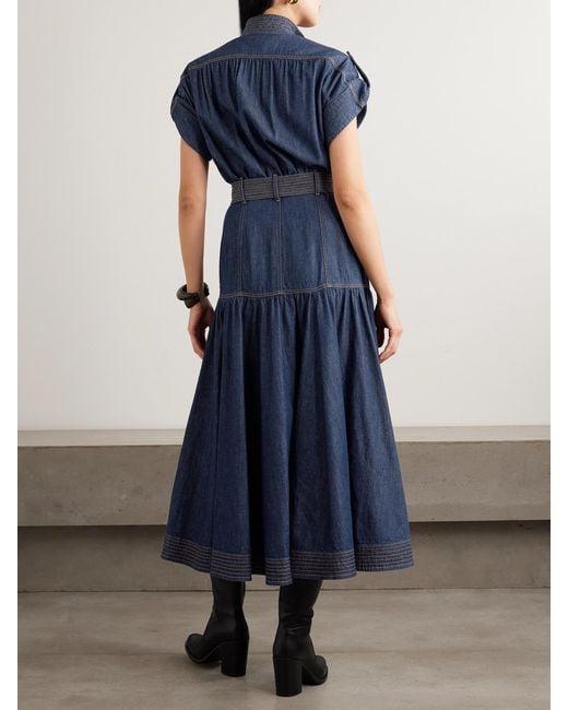 Zimmermann Blue Belted Tiered Denim Midi Dress