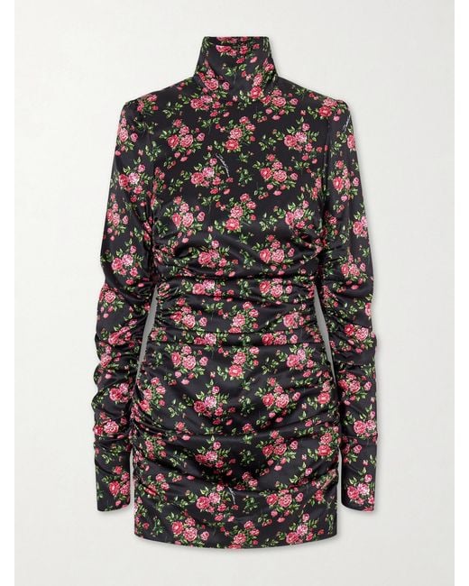 Dolce & Gabbana Black Small Rose Bouquets-Printed Mini Satin Dress