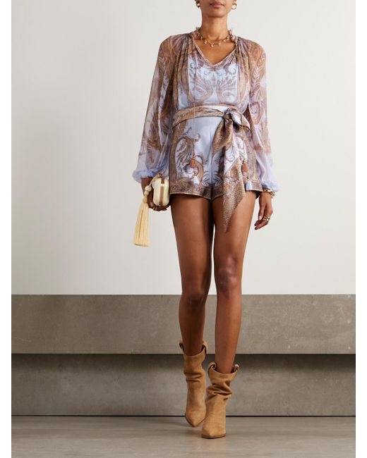 Zimmermann Purple Shorts Aus Bedrucktem Twill Aus Einer Seiden-Baumwollmischung Mit Bindegürtel