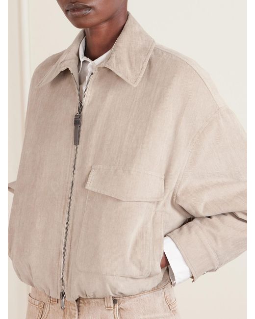 Brunello Cucinelli Natural Embellished Padded Cotton-Blend Corduroy Bomber Jacket