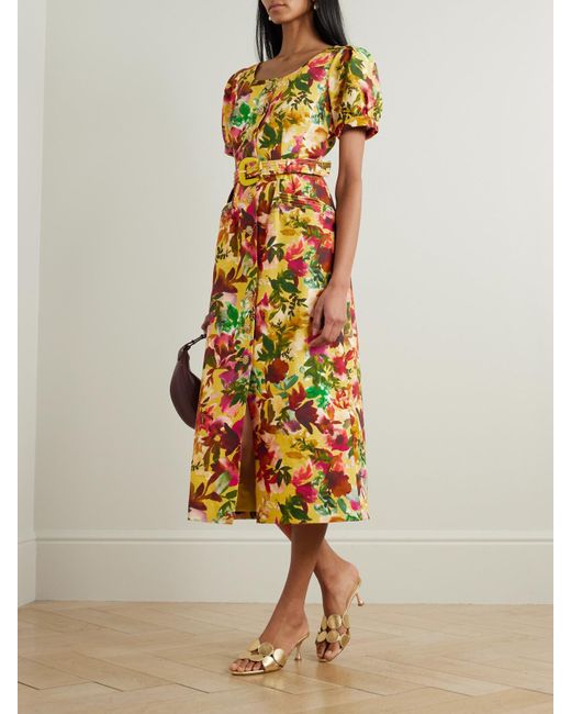 Saloni White Blanca Belted Embellished Floral-Print Cotton-Dupioni Midi Dress
