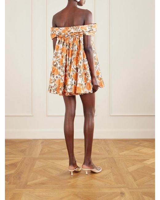 Chloé Orange Off-The-Shoulder Gathered Floral-Print Cotton-Poplin Mini Dress