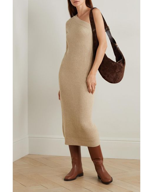 Max Mara Natural One-shoulder Ribbed Wool And Cashmere-blend Midi Dress