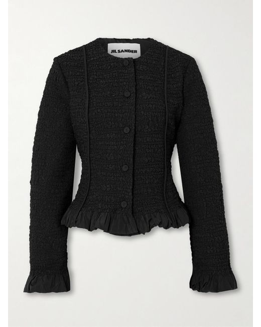 Jil Sander Black Ruffled Smocked Twill Jacket