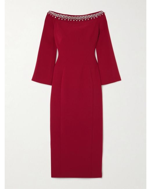 Jenny Packham Red Off-The-Shoulder Embellished Cady Midi Dress