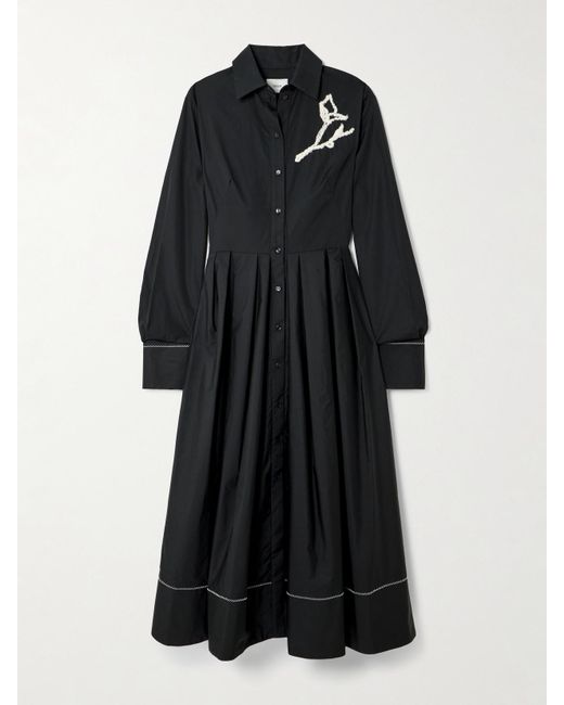 Erdem Women's Black Embroidered Pleated Cotton-Poplin Midi Shirt Dress