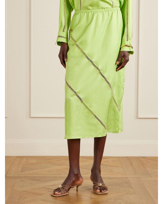 DIOTIMA Green Tobago Embroidered Silk-Satin Midi Skirt