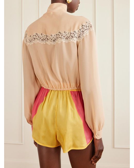 Saint Laurent Natural Cropped Pussy-Bow Lace-Trimmed Silk-Georgette Blouse