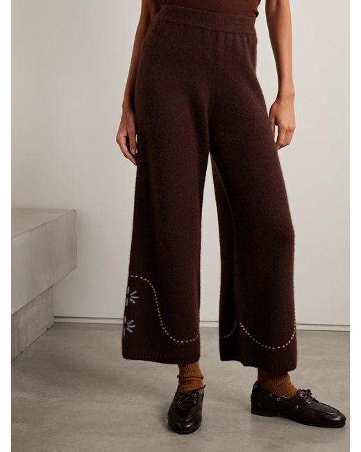 Calle Del Mar Brown Intarsia-Knit Cashmere Wide-Leg Pants