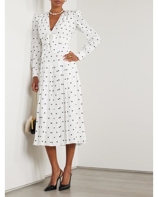 Alessandra Rich White Midikleid Aus Seide Mit Polka-Dots, Falten Und Schleifen