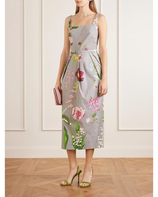 Oscar de la Renta White Floral-Printed Stretch Cotton-Poplin Midi-Dress