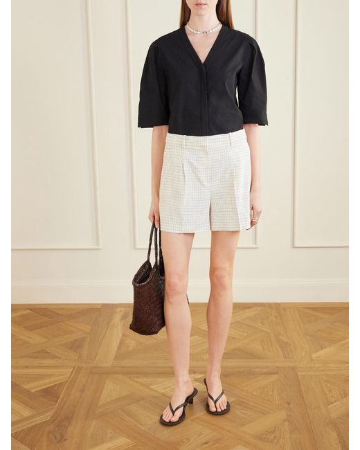 Theory Natural Fluid Checked Linen-Blend Shorts
