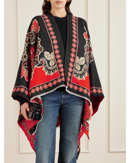 LaDoubleJ Red Soul Frayed Wool And Silk-Blend Jacquard Poncho