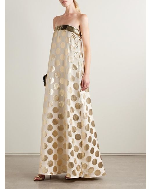Dima Ayad Natural Strapless Sequin-Embellished Metallic Polka-Dot Brocade Gown