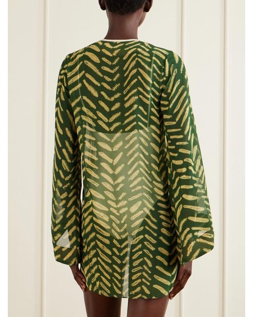 Johanna Ortiz Green Refugio De Sol Tasseled Printed Recycled Georgette Coverup