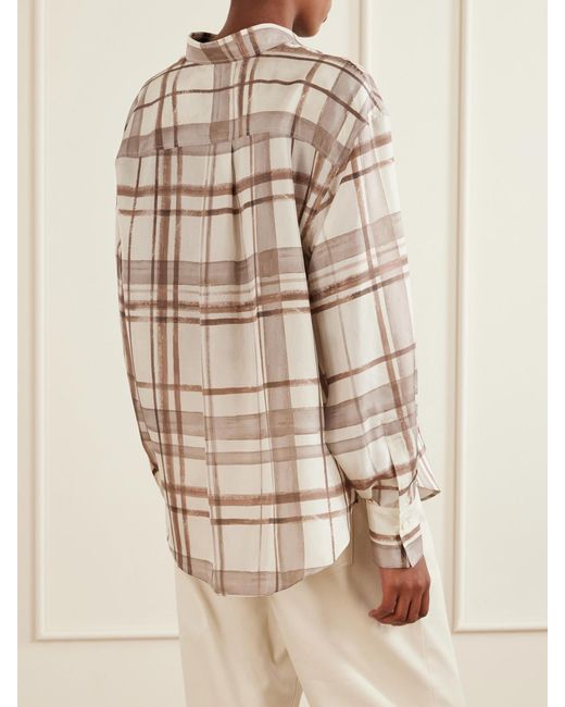 Brunello Cucinelli Natural Checked Silk-Satin Shirt