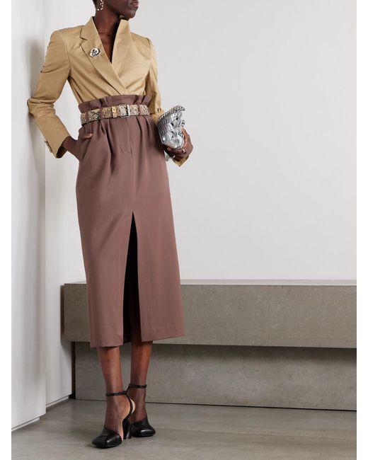 Dries Van Noten Brown Belted Pleated Wool-Twill Midi Skirt