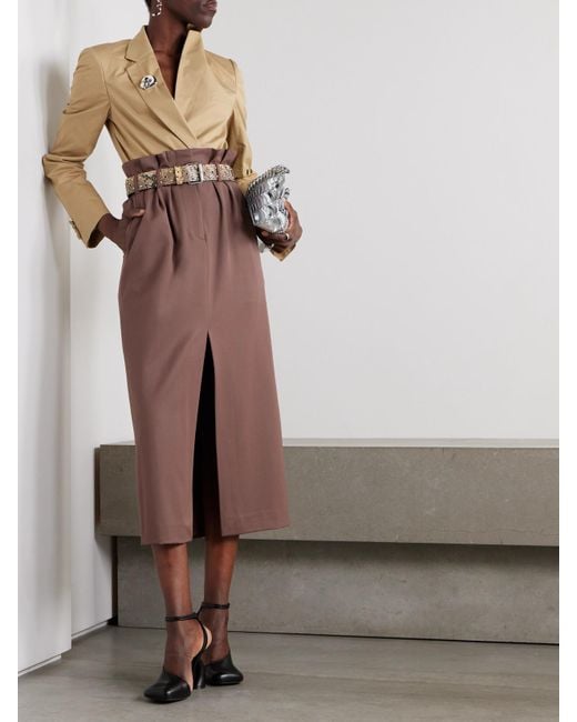 Jupe Midi En Serge De Laine À Plis Et À Ceinture Dries Van Noten en coloris Brown