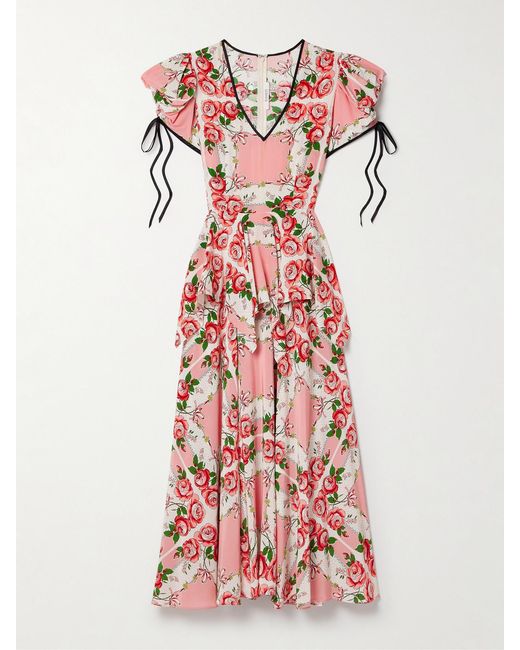 Rodarte Red Ruffled Printed Silk Crepe De Chine Midi Dress