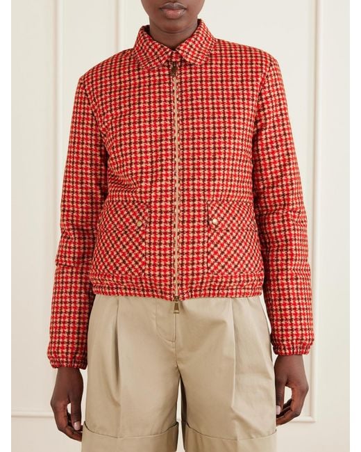Moncler Red Lanset Logo-Appliquéd Checked Cotton Down Jacket