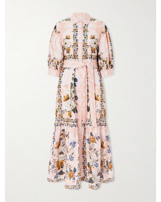 Borgo De Nor Pink Bianca Belted Printed Linen And Cotton-Blend Midi Dress