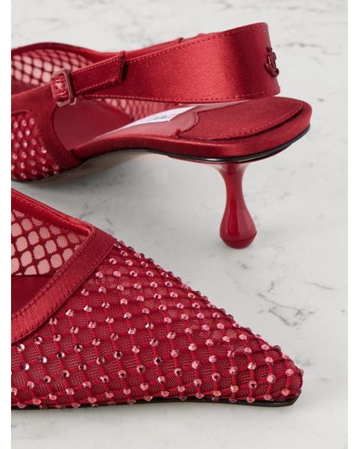 Jimmy Choo Red Amel 50 Crystal-Embellished Mesh And Satin Slingback Pumps