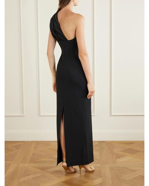 Solace London Black Gracie One-Shoulder Pleated Satin Gown