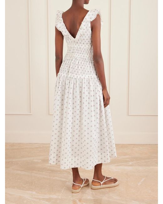 Doen White Sorina Tiered Embroidered Floral-Print Organic Cotton Midi Dress