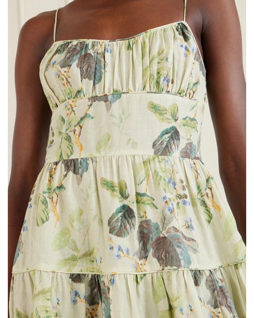 Doen White Benoit Tiered Gathered Floral-Print Ramie Midi Dress
