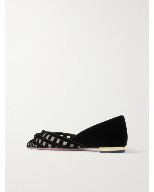 Aquazzura Black Romance Bow-Embellished Mesh-Trimmed Velvet Pointed-Toe Ballet Flats