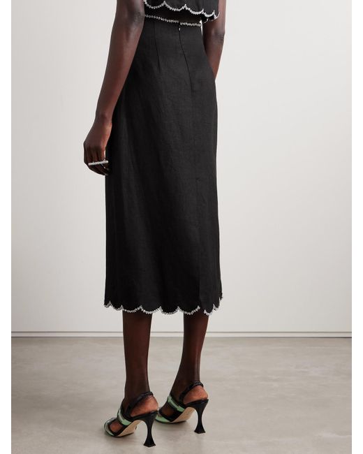 Zimmermann Black Crush Crystal-Embellished Scalloped Linen Midi Skirt