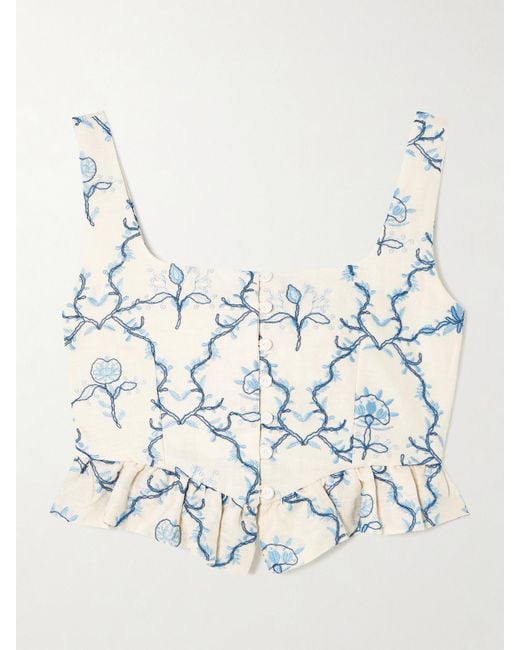Agua Bendita White Eslabón Floritura Cropped Embroidered Linen Peplum Top