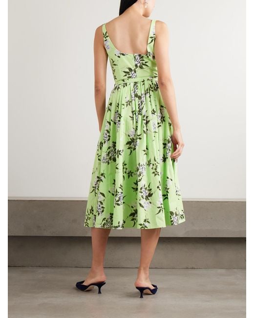 Emilia Wickstead Green Eglantine Belted Gathered Floral-Print Cotton-Poplin Midi Dress