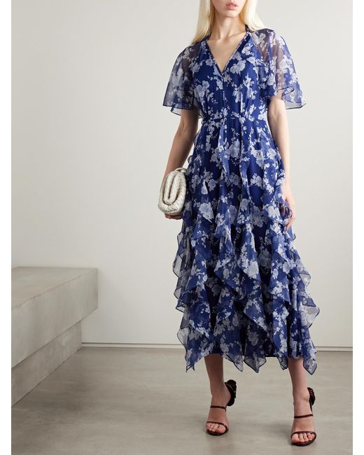 Carolina Herrera Blue Midikleid Aus Seidenkrepon Mit Blumenprint, Rüschen Und Cape-Effekt