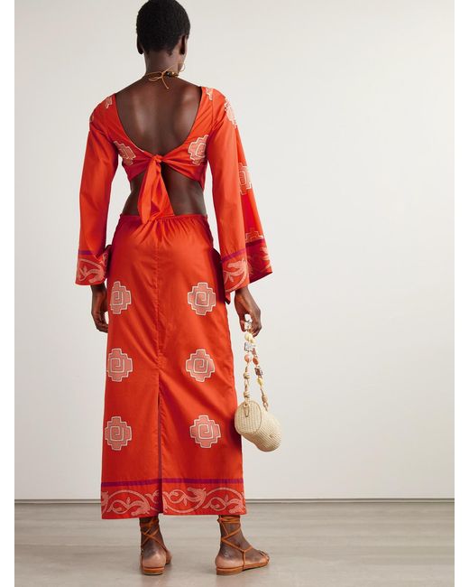 Johanna Ortiz Red Underwater Sanctuary Open-Back Printed Cotton-Poplin Maxi Dress