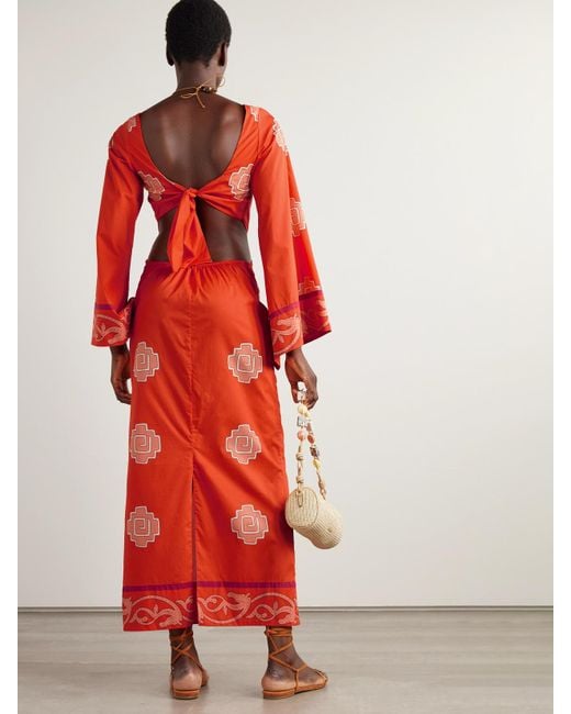 Johanna Ortiz Red Underwater Sanctuary Open-Back Printed Cotton-Poplin Maxi Dress