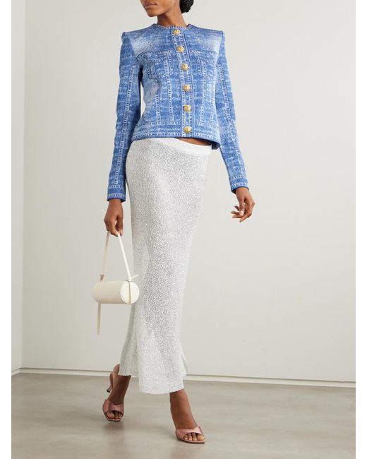 Balmain Blue Cardigan Aus Jacquard-Strick Mit Trompe-L'Œil-Print