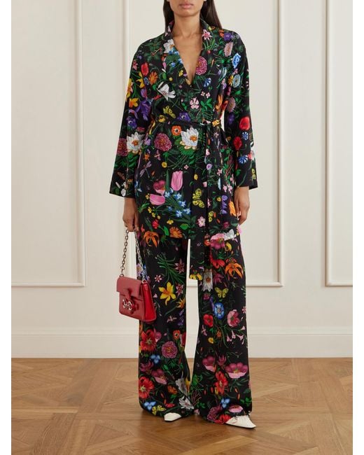 Gucci White Flora Printed Silk-Twill Wide-Leg Pants
